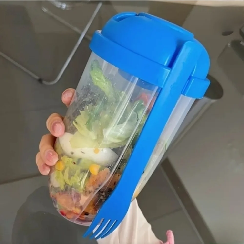 Fresh Salad to Go Container‎ Set with Fork and Dressing Holder, Blue (10…